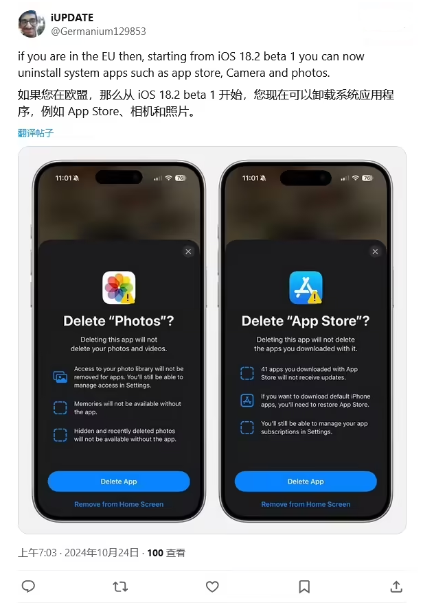 翠屏苹果手机维修分享iOS 18.2 支持删除 App Store 应用商店 