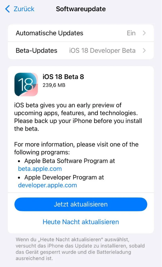 翠屏苹果手机维修分享苹果 iOS / iPadOS 18 开发者预览版 Beta 8 发布 